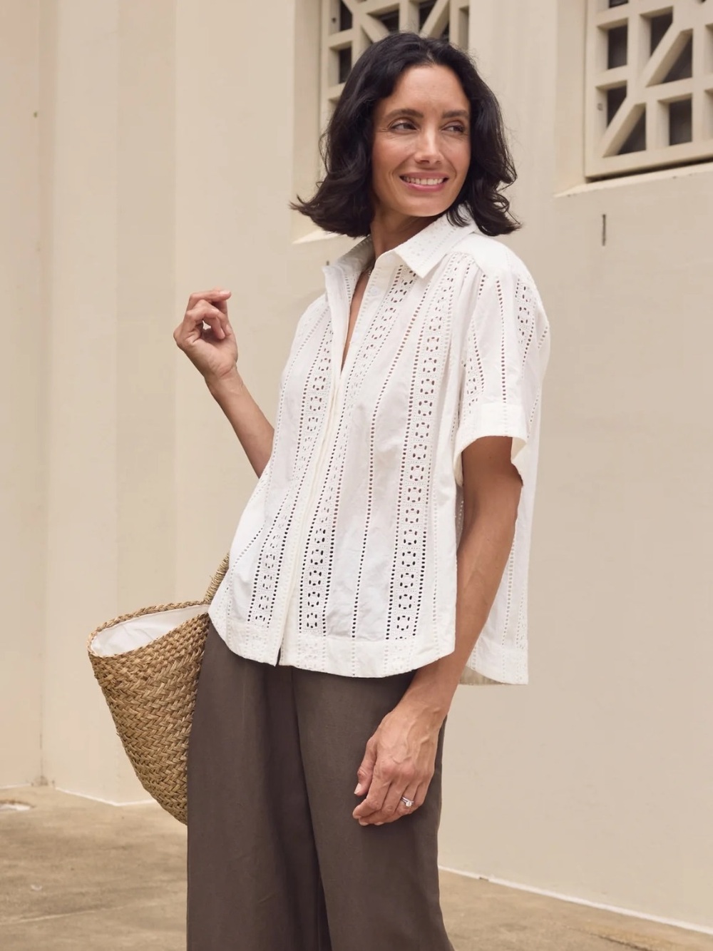 MAYE Sadie Embroidered Eyelet Short-Sleeve Button-Down Shirt